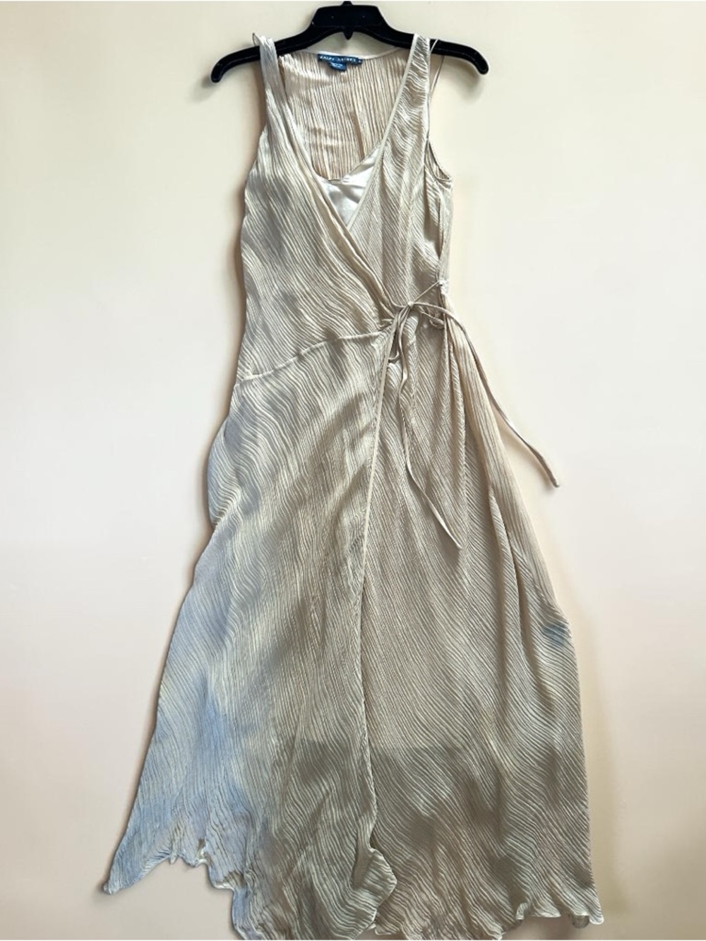 Ralph Lauren Silk Cream Textured Wrap Midi Dress